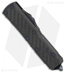 Marfione Custom UTX-85 OTF Automatic Knife CF W/ Blue Ringed HW (DLC Stonewash) -Blade HQ Shop Marfione Custom UTX 85 cf blue ringed hw DLC stonewash BHQ 75767 er spine