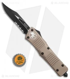 Microtech Combat Troodon Bowie OTF Knife Tan (3.8" Black Serr) 146-2TA -Blade HQ Shop Microtech Combat Troodon Bowie tan black serr BHQ 71440 er size