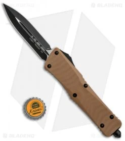 Microtech Combat Troodon D/E OTF Automatic Knife Tan G-10 (3.8" Black) -Blade HQ Shop Microtech Combat Troodon DE OTF Auto Tan G 10 Black BHQ 89386 jr bottlecap 1