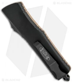 Microtech Combat Troodon D/E OTF Automatic Knife Tan G-10 (3.8" Black) -Blade HQ Shop Microtech Combat Troodon DE OTF Auto Tan G 10 Black BHQ 89386 jr side