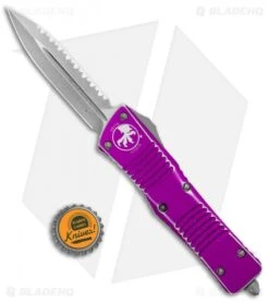 Microtech Combat Troodon D/E OTF Knife Violet Dist. (3.8" Stonewash Full Serr) -Blade HQ Shop Microtech Combat Troodon DE Violet Distressed SW Full Serr 142 12DVI BHQ 104691 jr bottlecap