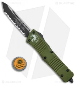 Microtech Combat T/E Automatic OTF Knife OD Green (3.8" Black Full Serr) -Blade HQ Shop Microtech Combat Troodon TE Auto OD Green Black Full Serr 144 3OD BHQ 98232 jr bottlecap