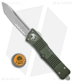 Microtech Combat Troodon T/E Automatic OTF Knife OD Green (3.8" SW Serr) -Blade HQ Shop Microtech Combat Troodon Tanto OD Green SW Serr 144 11OD BHQ 98204 jr bottlecap