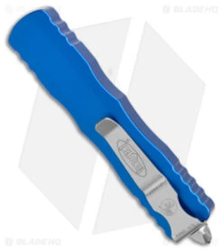 Microtech Dirac D/E OTF Automatic Knife Blue Aluminum (2.88" Stonewash) -Blade HQ Shop Microtech Dirac DE OTF Auto Blue Aluminum SW BHQ 179062 jr side