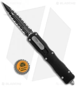 Microtech Dirac Delta Dagger OTF Automatic Black Dist. (3.75" Black Full Serr) -Blade HQ Shop Microtech Dirac Delta DE Distressed Black Double Full Serr 227 D3DBK BHQ 104689 jr bottlecap