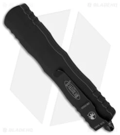 Microtech Dirac Delta D/E OTF Automatic Knife Black (3.75" Black Serr) 227-2T -Blade HQ Shop Microtech Dirac Delta DE OTF AK Black 3in Black Serr BHQ 175697 td side