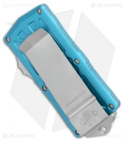 Microtech Exocet Dagger CA Legal OTF Automatic Knife Teal (1.9" Stonewash) -Blade HQ Shop Microtech Exocert Dagger CA Legal OTF Auto Turquoise SW BHQ 110889 jr side