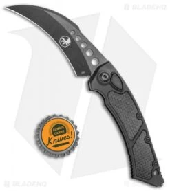 Microtech Signature Series Hawk Auto Knife Black Al. CF Inlay (4" Black DLC) -Blade HQ Shop Microtech Hawk Automatic Knife Black DLC CF Inlay 4 Black BHQ 118832 jr bottlecap