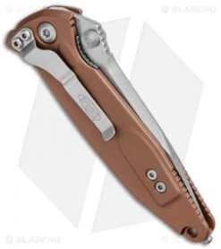 Microtech Socom Elite Manual Knife Tan (4" Stonewash Serr) 160-11TA -Blade HQ Shop Microtech Socom Elite Manual Tan SW Serr 160 11TA BHQ 13107 jr side