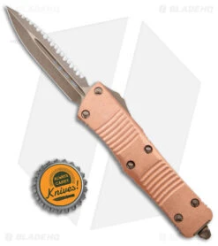 Microtech Signature Troodon D/E OTF Auto Bronze (2.9" Bronze Apocalyptic Serr) -Blade HQ Shop Microtech Troodon DE Bronzed Apocalyptic Fully Serrated BHQ 144595 jr bottlecap