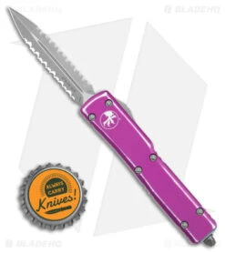 Microtech UTX-70 D/E OTF Auto Knife Distressed Violet (2.4" Apocalyptic Serr) -Blade HQ Shop Microtech UTX 70 AK Distressed Violet Serr 2in BHQ 179334 td size
