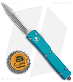Microtech UTX-70 D/A OTF D/E Automatic Knife Turquoise (Stonewash Full Serr) -Blade HQ Shop Microtech UTX 70 DA OTF DE AK Turquoise SW Full Serr BHQ 98282 td size