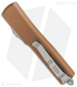 Microtech UTX-70 D/E OTF Automatic Knife Tan CC (2.4" Satin) -Blade HQ Shop Microtech UTX 70 DE OTF Auto Tan CC Satin 147 4TA BHQ 83876 jr side