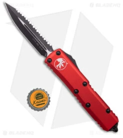 Microtech UTX-85 D/E OTF Automatic Knife Red (3.125" Black Full Serr) 232-3 RD -Blade HQ Shop Microtech UTX 85 D E OTF Automatic Knife Red Black Full Serr 232 3 RD BHQ 181092 kc bottle cap