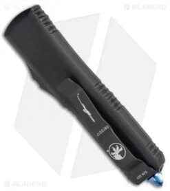 Microtech UTX-85 S/E OTF Automatic Knife CF W/ Blue Ti HW (3.125" Damascus) -Blade HQ Shop Microtech UTX 85 DA OTF CF Ti Damascus 231 16CFTI BHQ 76599 jr side