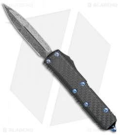 Microtech UTX-85 D/E OTF Automatic Knife CF W/ Blue Ti HW (3.1" Damascus)