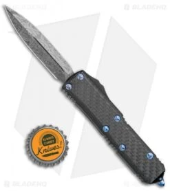 Microtech UTX-85 D/E OTF Automatic Knife CF W/ Blue Ti HW (3.1" Damascus) -Blade HQ Shop Microtech UTX 85 DA OTF CF Ti Damascus 232 16CFTI BHQ 76984 jr bottlecap