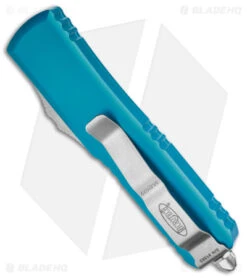 Microtech UTX-85 D/E OTF Automatic Knife Turquoise (3.1" Satin) 232-4 TQ -Blade HQ Shop Microtech UTX 85 DE OTF AK Turquoise 3in Satin BHQ 146772 td side