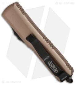 Microtech UTX-85 D/E OTF Automatic Knife Tan (3.125" Black) 232-1TA -Blade HQ Shop Microtech UTX 85 DE OTF Auto Tan Black 232 1TA BHQ 81508 jr side