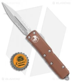 Microtech UTX-85 D/E OTF Auto Knife Tan (3.125" Stonewash Serr) -Blade HQ Shop Microtech UTX 85 DE OTF Tan SW Serr 232 11TA BHQ 98515 jr bottlecap 1