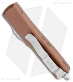 Microtech UTX-85 D/E OTF Auto Knife Tan (3.125" Stonewash Serr) -Blade HQ Shop Microtech UTX 85 DE OTF Tan SW Serr 232 11TA BHQ 98515 jr side