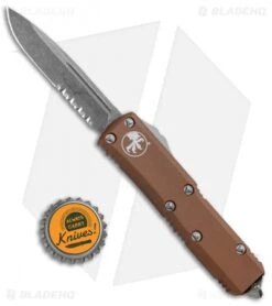 Microtech UTX-85 S/E OTF Automatic Knife Tan (3.125" Apocalyptic Serr) -Blade HQ Shop Microtech UTX 85 SE OTF Auto Tan Apocalyptic Serr 231 11APTA BHQ 74108 jr bottlecap