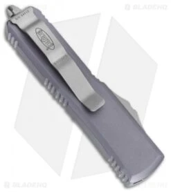 Microtech UTX-85 S/E OTF Automatic Knife Gray (3.125" Stonewash) 231-10GY -Blade HQ Shop Microtech UTX 85 SE OTF Automatic Knife Gray 3.125 Stonewash BHQ 124410 LS Side 2