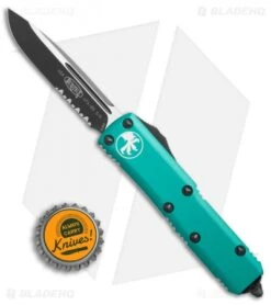 Microtech UTX-85 S/E OTF Automatic Knife Turquoise (3.125" Black Serr) 231-2TQ -Blade HQ Shop Microtech UTX 85 SE turquoise black serr 231 2TQ BHQ 69051 er size