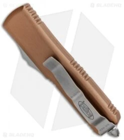 Microtech UTX-85 T/E OTF Automatic Knife Tan (3.125" Satin) 233-4TA -Blade HQ Shop Microtech UTX 85 TE OTF Auto Tan Satin 233 4TA BHQ 85086 jr side