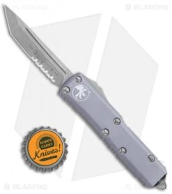 Microtech UTX-85 T/E OTF Automatic Knife GY (3.125" Stonewash Serr) 233-11GY -Blade HQ Shop Microtech UTX 85 TE SW Serr Gray 233 11GY BHQ 112167 jr bottlecap 1