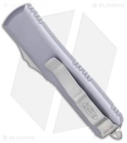 Microtech UTX-85 T/E OTF Automatic Knife GY (3.125" Stonewash Serr) 233-11GY -Blade HQ Shop Microtech UTX 85 TE SW Serr Gray 233 11GY BHQ 112167 jr side