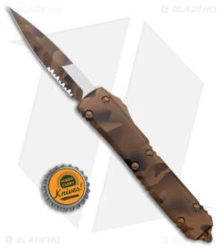 Microtech Ultratech Bayonet OTF Automatic Knife Coyote Camo (3.4" Camo Serr) -Blade HQ Shop Microtech Ultratech Bayo OTF Auto Coyote Camo Camo Serr BHQ 177323 jr bottlecap