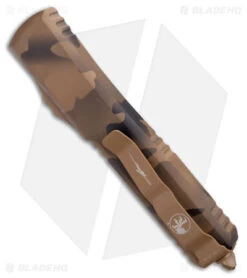 Microtech Ultratech Bayonet OTF Automatic Knife Coyote Camo (3.4" Camo Serr) -Blade HQ Shop Microtech Ultratech Bayo OTF Auto Coyote Camo Camo Serr BHQ 177323 jr side