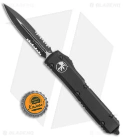 Microtech Ultratech Dagger OTF Knife Tactical Black D/E (3.4" Black Serr) 122-2T -Blade HQ Shop Microtech Ultratech DE OTF Auto Tactical CC Black Serr BHQ 52159 jr bottlecap
