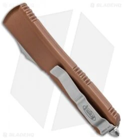 Microtech Ultratech D/E OTF Automatic Knife Tan CC (3.4" Satin) 122-4TA -Blade HQ Shop Microtech Ultratech DE OTF Auto Tan CC Satin 122 4TA BHQ 51909 jr side