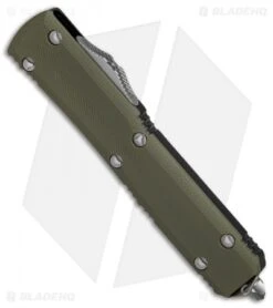 Microtech Ultratech S/E OTF Automatic Knife OD Green G-10 (3.4" Stonewash Serr) -Blade HQ Shop Microtech Ultratech SE OD Green G10 sw serr BHQ 78162 er spine