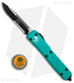 Microtech Ultratech S/E OTF Automatic Knife Turquoise CC (3.4" Black Serr) -Blade HQ Shop Microtech Ultratech SE turquoise CC black serr BHQ 52461 jr bottlecap