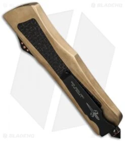 Marfione Custom Combat Troodon D/E OTF Knife Brass/LSCF (3.8" Mirror) -Blade HQ Shop microtech combat troodon mirror lightining strike bearing grade brass bottom cm