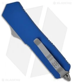 Microtech Scarab OTF Knife Blue Executive D/E Dagger (Satin FULL SER) 109-6BL -Blade HQ Shop microtech scarab executive de blue satin 109 4bl back