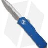 Microtech Scarab OTF Knife Blue Executive D/E Dagger (Satin FULL SER) 109-6BL -Blade HQ Shop microtech scarab executive de blue satin full ser 109 6bl