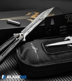 Marfione Custom Tachyon III Balisong Knife DLC Titanium (4.5" Damascus) -Blade HQ Shop microtech tachyon III balisong dlc ti dam sheath cm